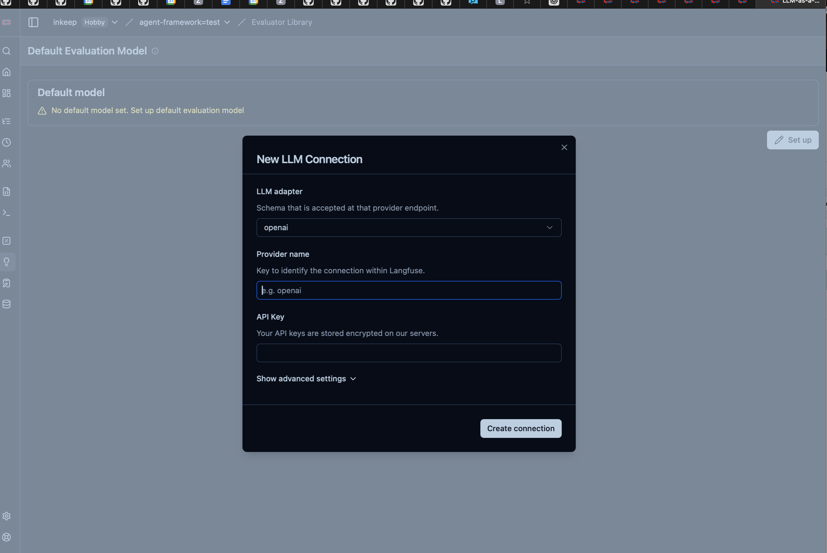 Langfuse LLM Connection setup showing OpenAI provider configuration with API key field and advanced settings